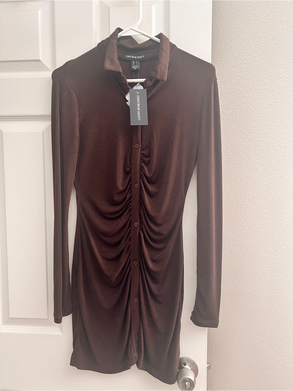 Streetwear Society Long-Sleeve Ruched Button Dress in Brown